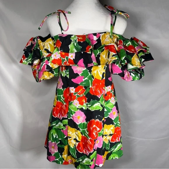 Top Shop‎ Off The Shoulder Bold Floral Ruffle Bardot Mini Dress 4 Feminine Fairy - Picture 7 of 9